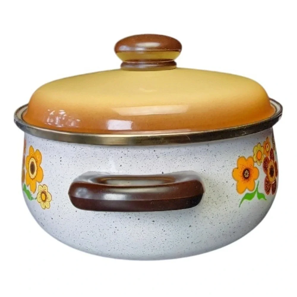 Harvest Blossom 8in Orange Yellow 70s Vintage Floral Enamel Stock Pot Dutch Oven